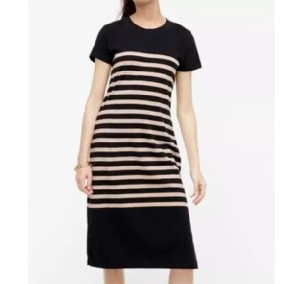J Crew Dress Large Black T Shirt Short Sleeve Crew Neck Striped Cotton Midi - Picture 1 of 7